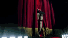 a woman is standing behind a red curtain with fringe