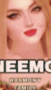 a close up of a woman 's face with the words jeemc written on the bottom