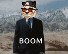 a cat wearing sunglasses and a hat is standing in front of a mountain with the word boom written on the bottom