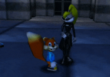 a cartoon squirrel and a rabbit are standing next to each other in a dark room