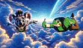 a koala and a frog are flying through the air and the koala is giving a thumbs up
