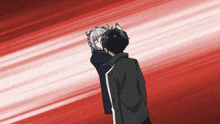a man and a girl are standing next to each other on a red and white background