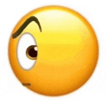 a close up of a yellow smiley face with a black eyebrow and a big eye .