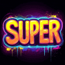 the word super is written in a colorful font on a dark background