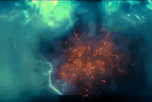 a painting of a blue and red background with a glowing object in the middle
