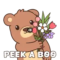 a teddy bear holding a bouquet of flowers with the words peek a boo written below it