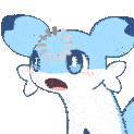 a pixel art drawing of a blue and white cartoon character with a surprised look on his face .