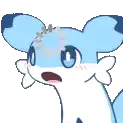 a pixel art drawing of a blue and white cartoon character with a surprised look on his face .