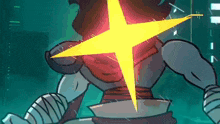 the back of a cartoon character with a yellow star coming out of his head .