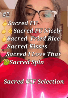 a woman with glasses is holding a pink heart with the words sacred gif selection on it