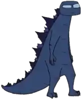 a cartoon drawing of a blue dinosaur with a mask on