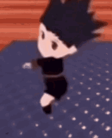 a cartoon character is standing on a blue rug .