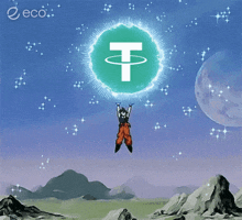 a cartoon character is flying through the air with a green circle with the letter t in it