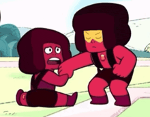 a couple of red cartoon characters standing next to each other on a track .