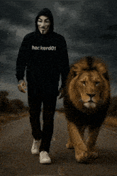 a man wearing a mask and a hacker01 hoodie stands next to a lion