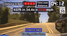 a screenshot of a car driving down a road with a speed limit of 35 mph