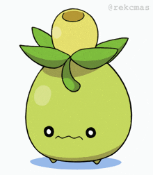 a cartoon drawing of a green pear with leaves and a yellow center