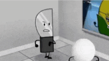 a cartoon character with a knife and a ball standing next to each other .