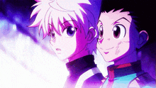 a couple of anime characters are standing next to each other and smiling .