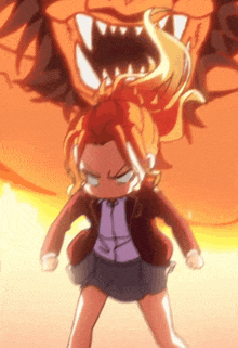 a girl with red hair is standing in front of a monster with its mouth open