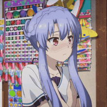 a girl with purple hair and red eyes stands in front of a wall with a bunch of stickers on it