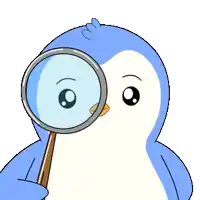 a blue penguin is looking through a magnifying glass