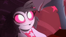a cartoon character with glowing pink eyes and a star on her shirt