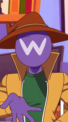 a cartoon character with a purple head and a white w on his face