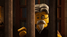 a lego character with glasses and a mustache is behind bars