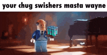 a lego man is holding a tray of drinks in a room .