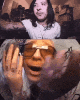 a man wearing sunglasses has a tattoo on his finger that says ' i love you '