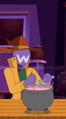 a cartoon character with a w on his face is stirring something in a cauldron