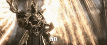 a statue of a knight in armor is standing in front of a fire and says `` no '' .