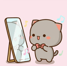 a cartoon cat is standing in front of a mirror with goma peach written on the bottom