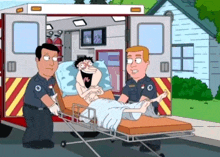 a cartoon of a man in an ambulance being pushed by two men