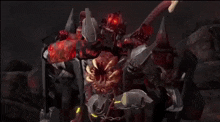 a robot with red eyes is standing in a dark room with smoke coming out of its mouth .