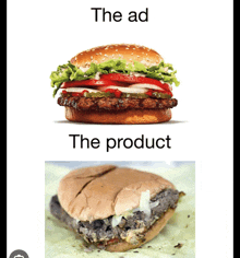 a picture of a hamburger next to a picture of a hamburger that says the ad and the product