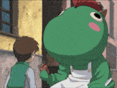 a green frog with a cat ear is talking to a young boy