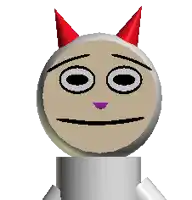 a cartoon character with red horns and a purple nose