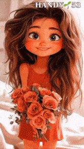 a girl in a red dress is holding a bouquet of roses with the name handy 53 on the bottom right