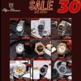 a display of watches with the words sale 30 on the bottom