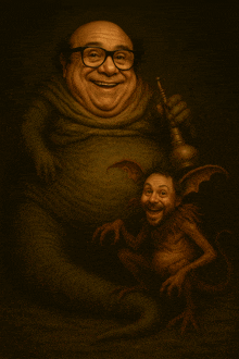a painting of a man with glasses holding a hookah and a gremlin