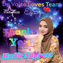 a picture of a woman with the words " de voice loves team " on it
