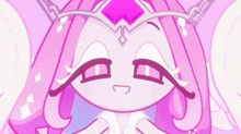 a close up of a cartoon character with pink hair and a crown .