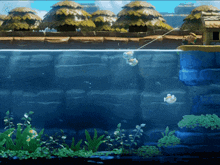 a video game shows a man fishing in a pond with huts in the background