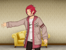 a cartoon character with red hair is standing in front of a yellow couch in a room
