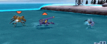 a video game screen shows three robots in the water and the score is 0