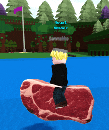 a cartoon character is riding a large piece of meat in the water with the name sammakko on the bottom