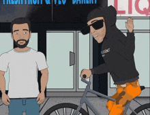 a cartoon of a man riding a bike with a hoodie that says percent