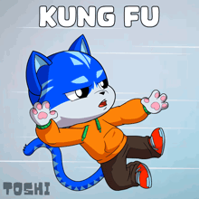 a cartoon drawing of a blue cat with kung fu written above it